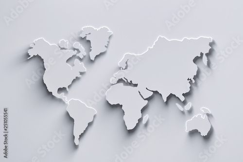 World map 3d in white colors with shadows and glowing edges. 3d illustration.
