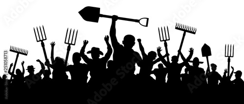 Angry peasants protest demonstration. A crowd of people with a pitchfork shovel rake. Riot workers vector silhouette