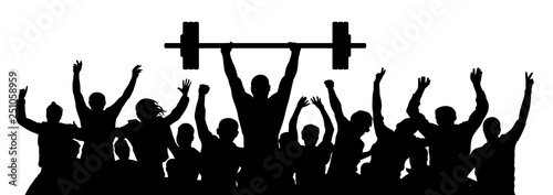 Weightlifting strong man. Weightlifter sport silhouette. Crowd of fans joy of victory. Vector illustration