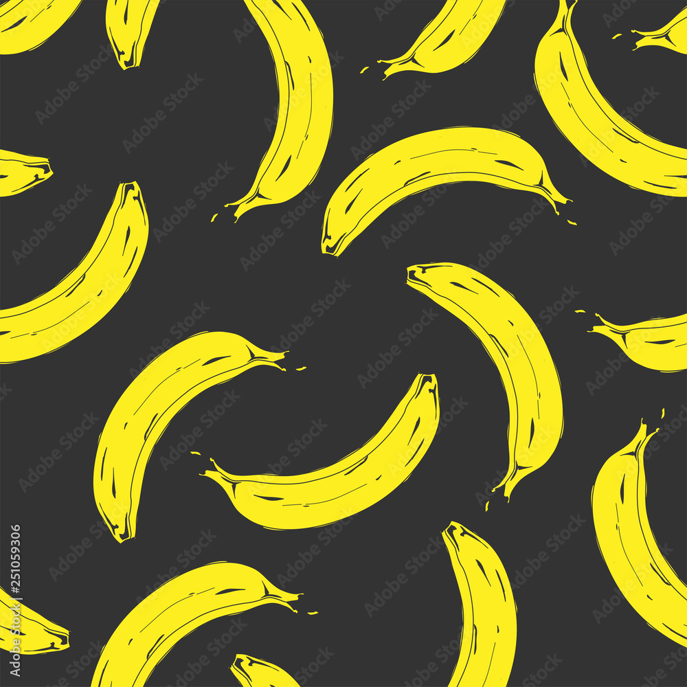Seamless pop art banana pattern randomly distributed on color background. Vector Illustration.