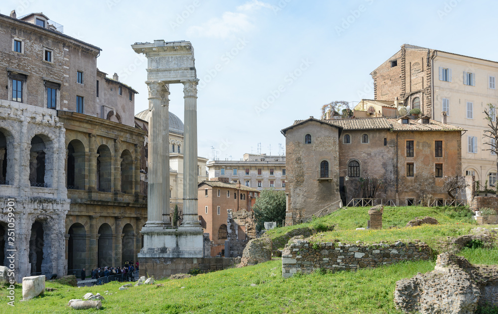The base of the temple is Bellona, the ancient Roman goddess of war. Near three columns and the church of San Nicola in Carcher. Rome