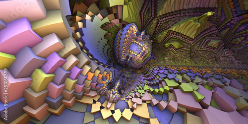 3D abstract landscape, escher style cube shapes arranged into organic spherical shapes,  purple/pastel colored illustration. Computer generated artwork, fractal recursive arrangement of shapes. photo