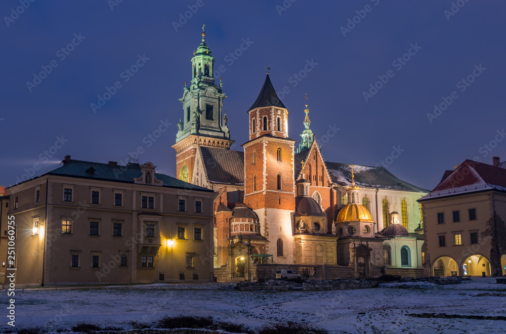 Wawel cathedral illuminated at winter night, Krakow, Poland
