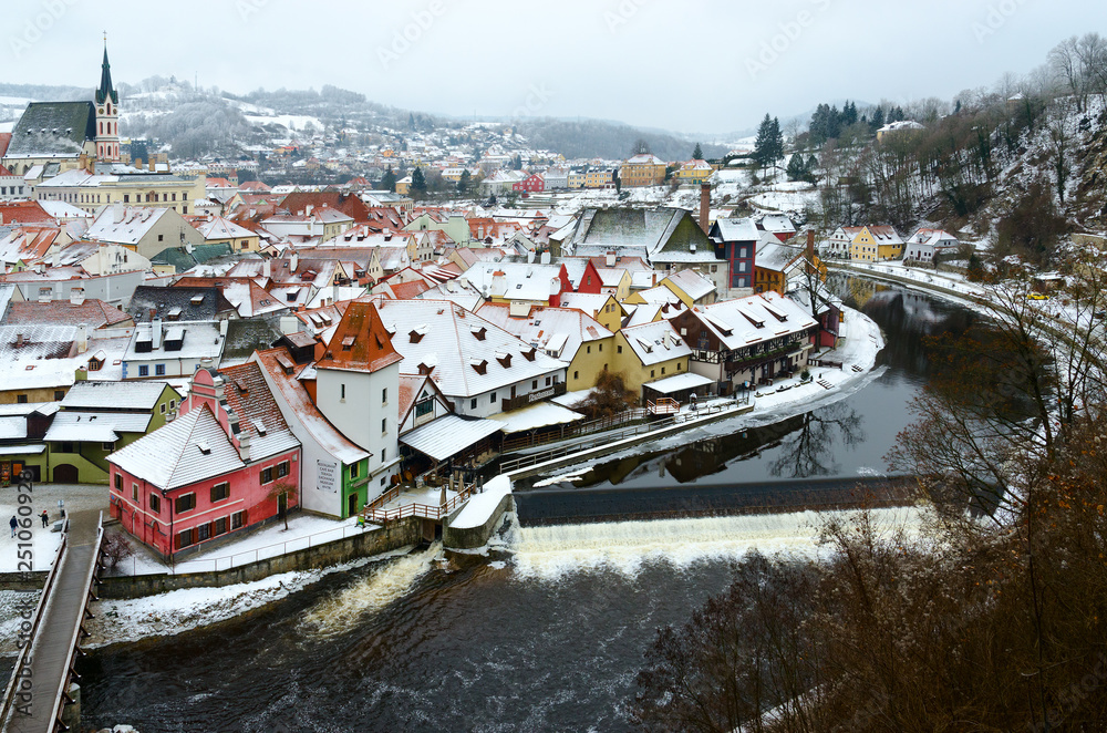 Beautiful top view of historic center of Cesky Krumlov, Vltava river, Czech Republic