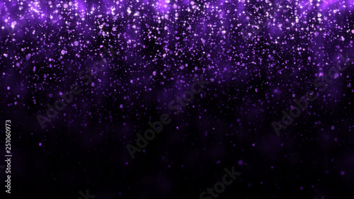 Luxury background with glitter falling purple particles. Beautiful holiday light background template for premium design. Falling shiny magic particle with light
