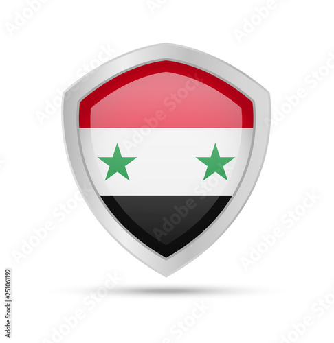 Shield with Syria flag on white background. Vector illustration.