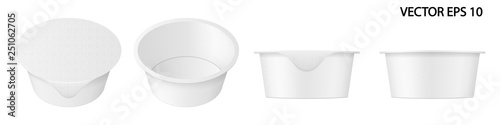 Vector set of realistic images (mock up, layout) of open and closed plastic packaging (cup) for yogurt or other food, isolated on white. Front view and perspective view. EPS 10.