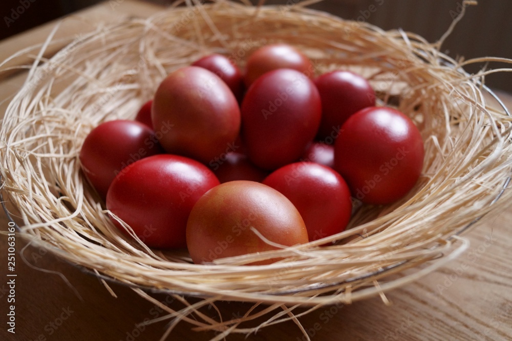 Easter background with red eggs