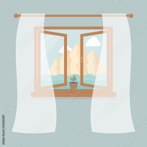 Wooden window with tulle as design element for interior of room on blue background. Outside summer landscape:sea, mountain,the sky and white clouds. Plant in pot on windowsill.Vector illustration