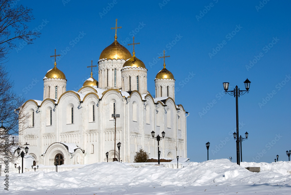 Assumption church in Vladimir town, Russia, famous by its frescoes painted by Andrey Rublev. Popular landmark. Color photo. Assumption church in Vladimir town, Russia, famous by its frescoes painted by Andrey Rublev. Popular landmark. Color photo.