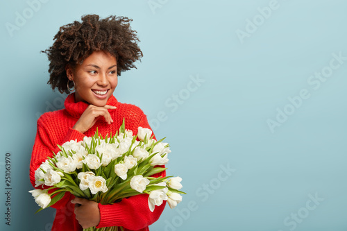 Cheerful glad young Afro American lady, keeps hand under chin, dressed in red sweater, dreams about date with lover, holds white flowers, isolated on blue wall with free space aside. Blossom