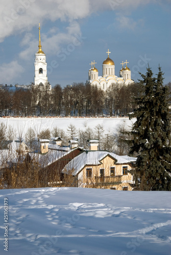 Assumption church in Vladimir town, Russia, famous by its frescoes painted by Andrey Rublev. Popular landmark. Color photo. photo