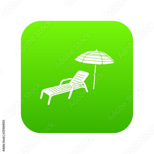Sun lounger and parasol icon green vector isolated on white background
