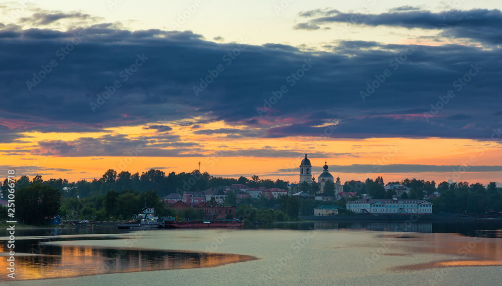 View on provincial russian town Myshkin located on Volga river in sunset, Russia