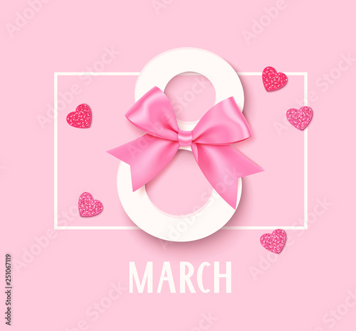 Womens Day 8 March design template. Decorative number eight with pink bow and heart confetti. Vector illustration