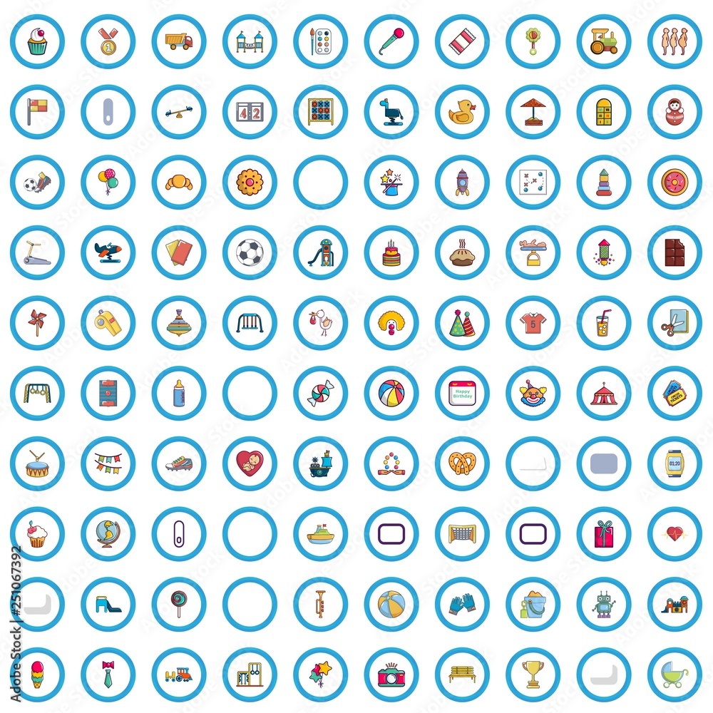 100 childhood icons set. Cartoon illustration of 100 childhood vector icons isolated on white background