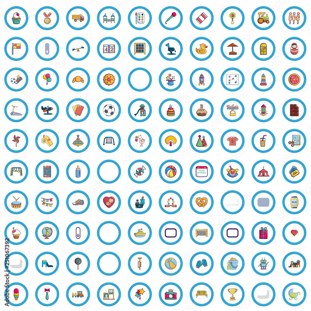 100 childhood icons set. Cartoon illustration of 100 childhood vector icons isolated on white background 100 childhood icons set. Cartoon illustration of 100 childhood vector icons isolated on white background