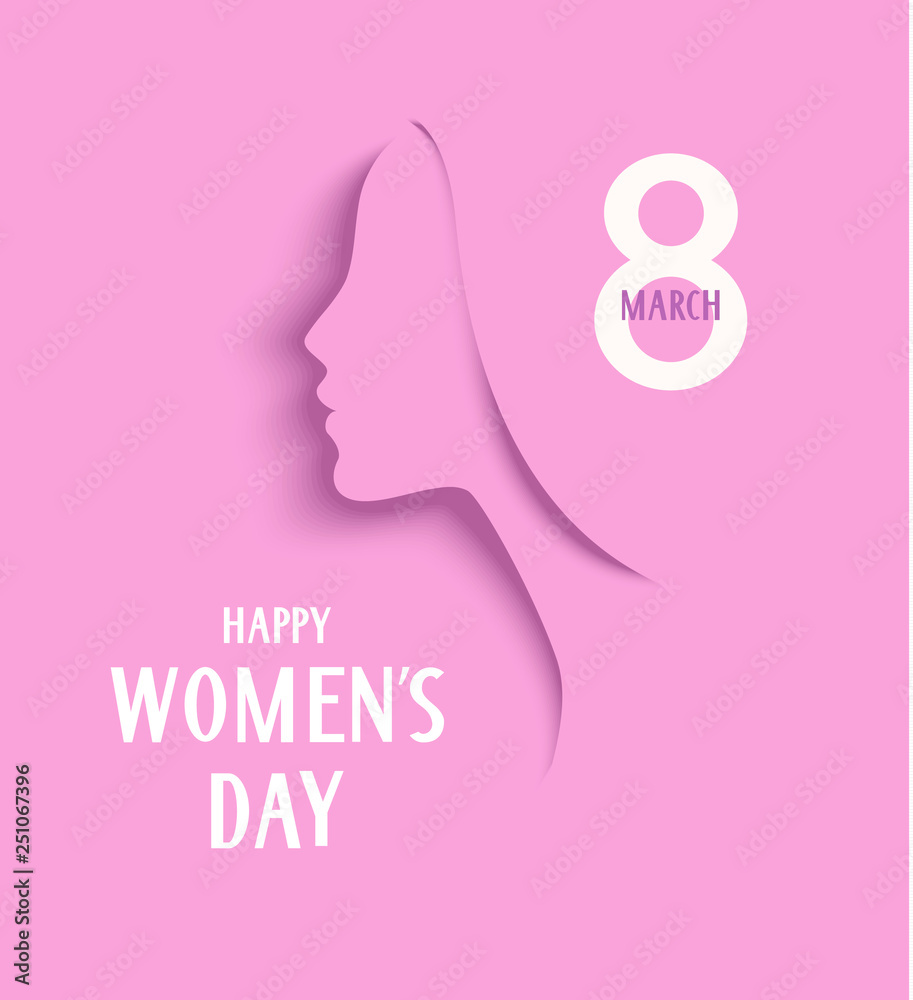 Womens Day 8 March design template. Decorative woman silhouette on pink background. Vector illustration