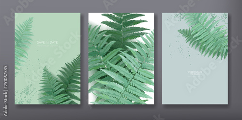 Floral trendy greeting or invitation card template design, set of poster, flyer, brochure, cover, party advertisement, dark green fern leaves in vector