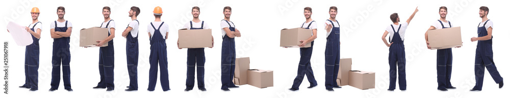 panoramic collage of male handyman isolated on white panoramic collage of male handyman isolated on white