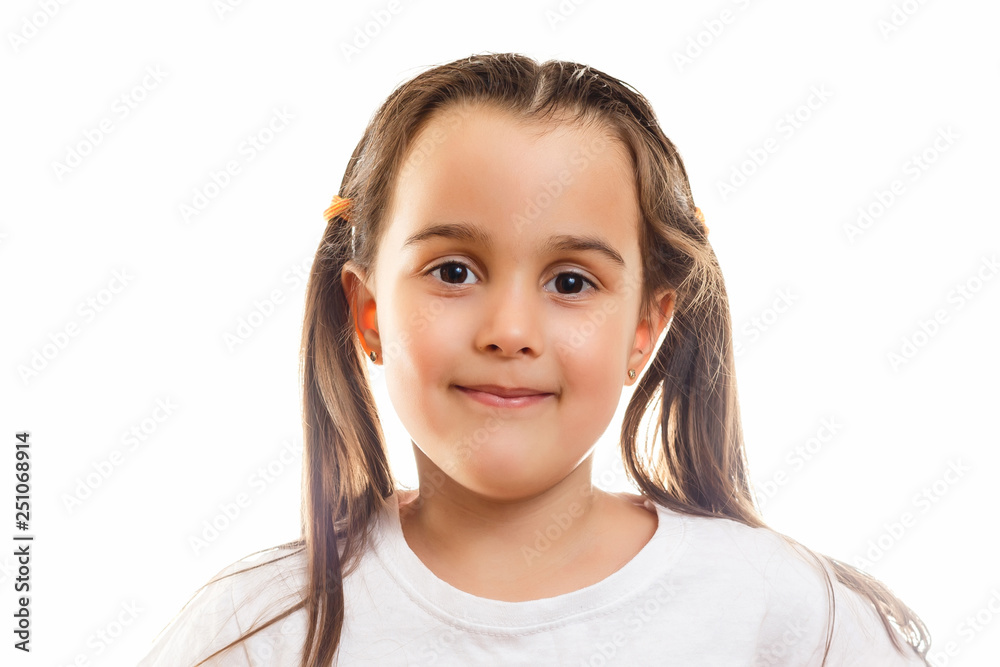 T-shirt design concept - smiling little girl in blank white t-shirt pointing at herself T-shirt design concept - smiling little girl in blank white t-shirt pointing at herself
