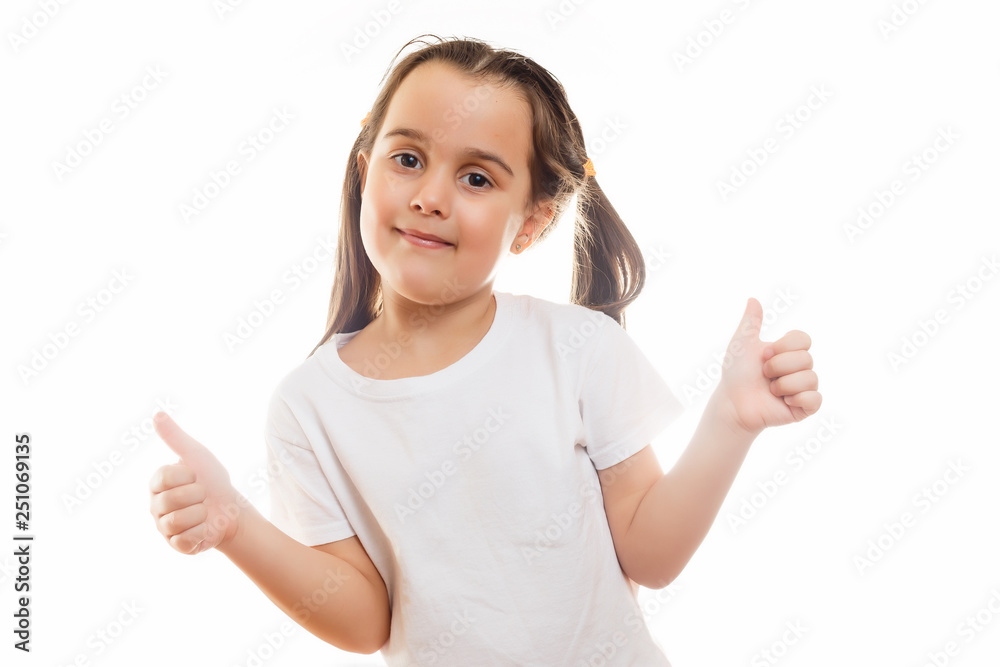 T-shirt design concept - smiling little girl in blank white t-shirt pointing at herself T-shirt design concept - smiling little girl in blank white t-shirt pointing at herself