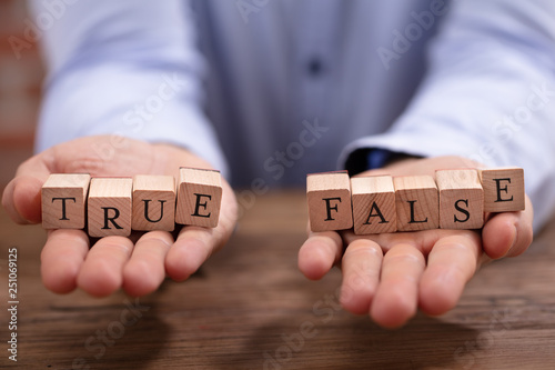 Businessman Holding True And False Blocks photo