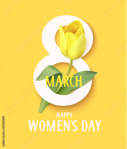 Happy Womens day. 8 march symbol with yellow tulip. Vector illustration