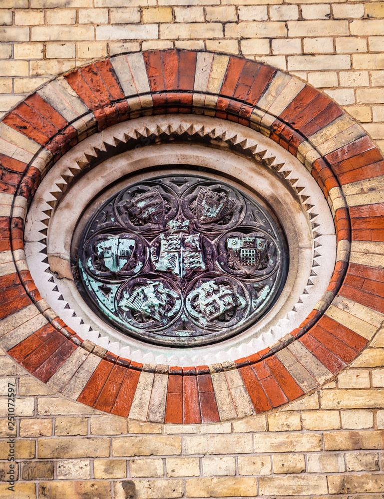 A foundation plaque showing the shields of the various civic bodies who financed the project. , Abbey Mills Pumping Station
