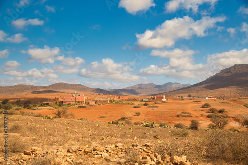 Panoramic Moroccan landscape with hills and cactuses