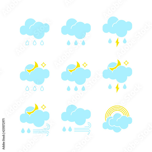 Set of rainy weather icons in vector to show the forecast and the current climate outside during the day and night time  for applications, widgets, and other meteorological designs.