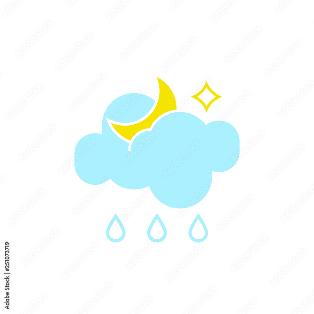 Vector weather icon of a blue cloud with raindrops and moon to show the rainy night forecast and the current climate outside for applications, widgets, and other meteorological designs. Vector weather icon of a blue cloud with raindrops and moon to show the rainy night forecast and the current climate outside for applications, widgets, and other meteorological designs.