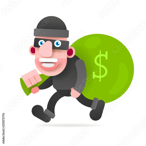 Thief With A Bag Of Money Running From Prosecution. Vector Illustration