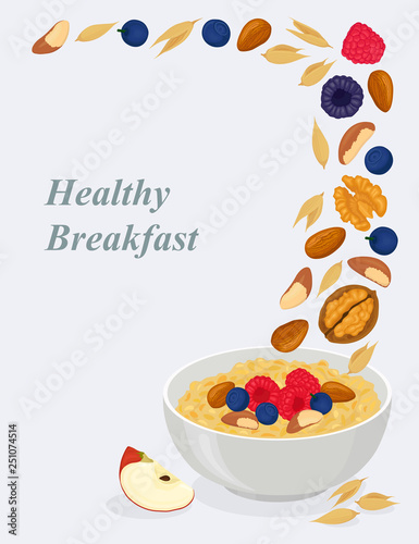 Porridge oats in bowl with bananas, berries, strawberry, nuts and cereals isolated on white background. Healthy breakfast