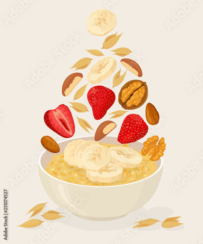 Porridge oats in bowl with bananas, berries, strawberry, nuts and cereals isolated on white background. Healthy breakfast