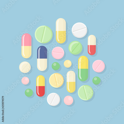 Pill and tablets, medicine. Heap of capsules, drug.
