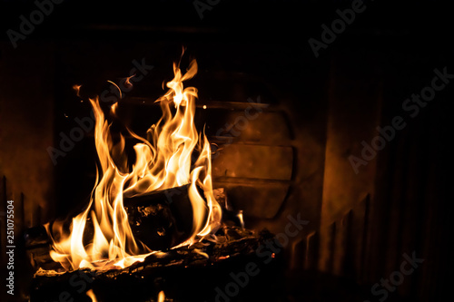 Canvas Print Close up shot of burning firewood in the fireplace