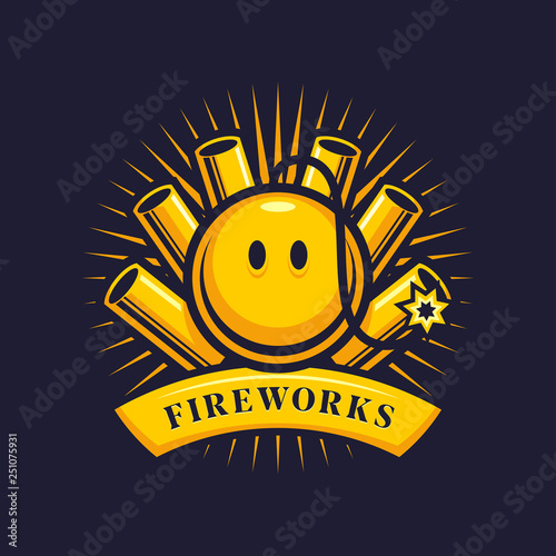 Firework emblem with firecrackers and smiling bomb