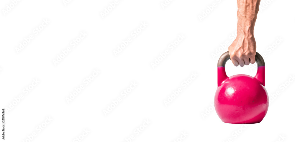 Kettlebells port, Strong muscular man hand with muscles holding purple or  pink heavy kettlebell as gym workout equipment partially isolated on white  background banner Stock Photo | Adobe Stock