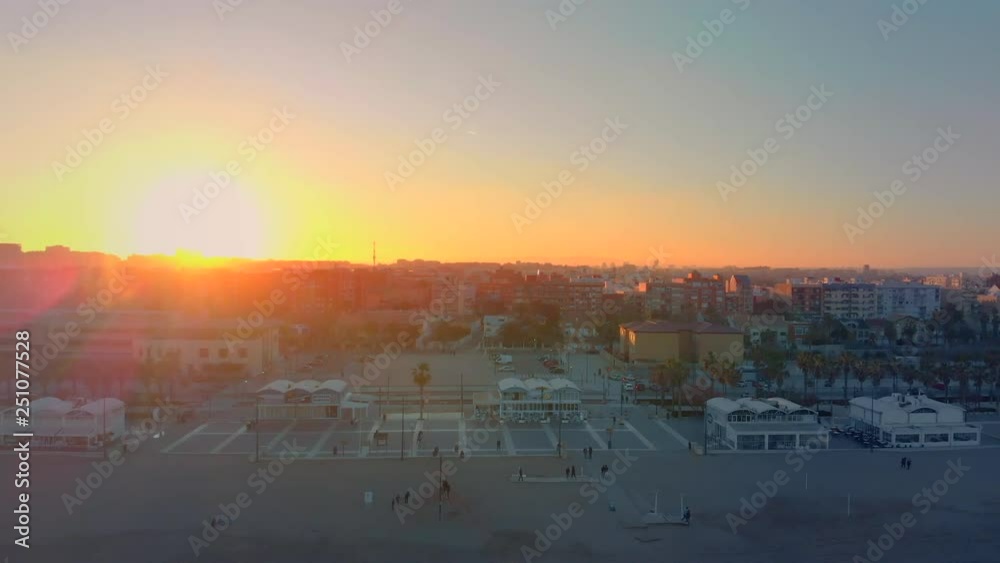 Aerial view of the skyline at sunset from the Malvarrosa beach in Valencia. Spain Aerial view of the skyline at sunset from the Malvarrosa beach in Valencia. Spain