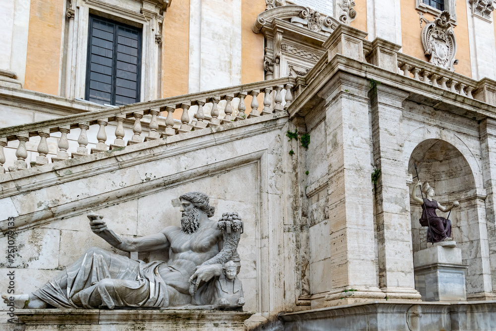 Statue of the Nile River god on the Palazzo Senatorio in Piazza del Campidoglio Square on Capitoline Hill, Rome, created in first century AD