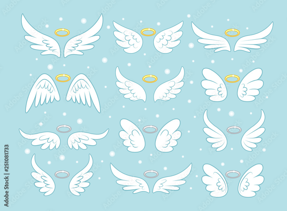 Sparkle angel fairy wings with gold nimbus, halo isolated on background. Vector cartoon design.