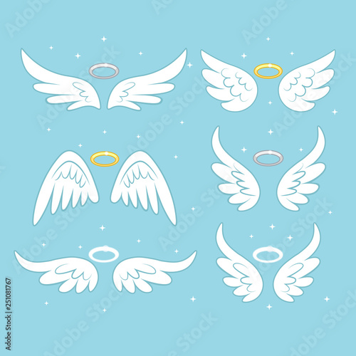 Sparkle angel fairy wings with gold nimbus, halo isolated on background. Vector cartoon design.