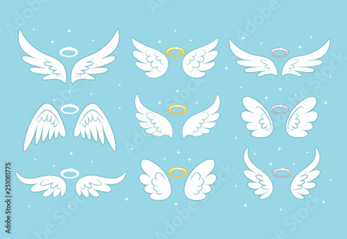 Sparkle angel fairy wings with gold nimbus, halo isolated on background. Vector cartoon design.