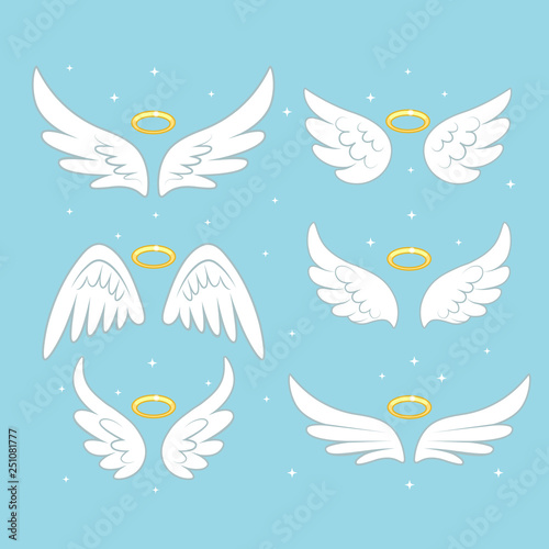 Sparkle angel fairy wings with gold nimbus, halo isolated on background. Vector cartoon design.