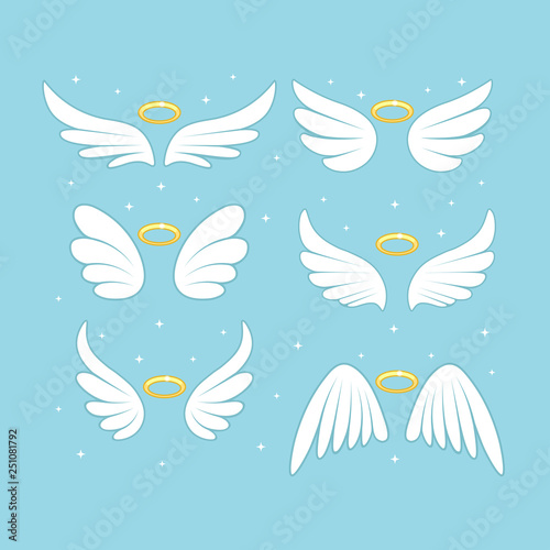 Sparkle angel fairy wings with gold nimbus, halo isolated on background. Vector cartoon design.