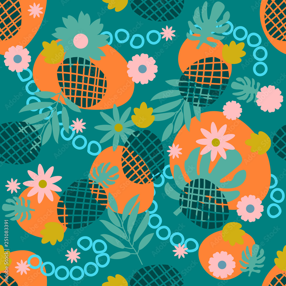Cute tropical seamless pattern with pineapple, palm leaf, flower, stain, circle. Abstract colorful background with exotic fruits, palm foliage. Green, orange, blue, pink. Vector illustration.