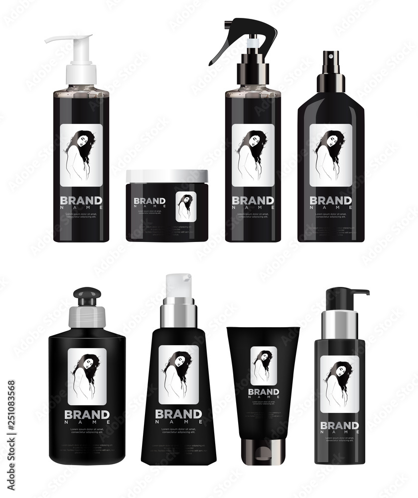 Realistic black cosmetic set mockup with white and black lid. With a label depicting a beautiful girl. EPS 10.Vector illustration. Realistic black cosmetic set mockup with white and black lid. With a label depicting a beautiful girl. EPS 10.Vector illustration.