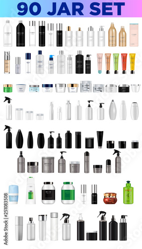 Big set vector blank templates empty and clean multicolor plastic and glass containers:  bottles with spray, dispenser and dropper, cream jar, tube.  Realistic 3d mockup of cosmetic package. Vector il
