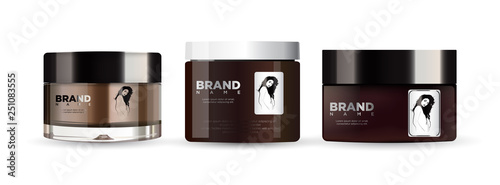 Realistic brown cosmetic set mockup with white and black lid. With a label depicting a beautiful girl. EPS 10.